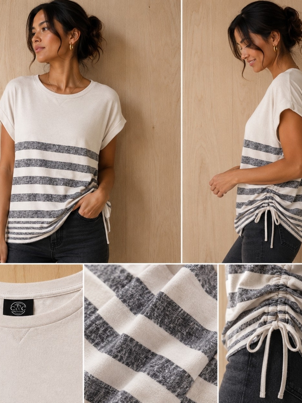 Bobeau Striped Ruched Side Tie Short Sleeve Top Blouse